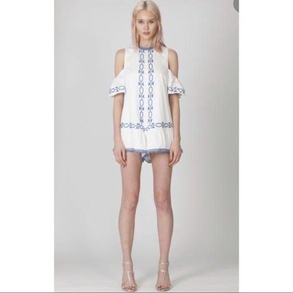 Foxiedox Anthropologie White Blue Embroidered Cold Shoulder Romper size small - Picture 1 of 5